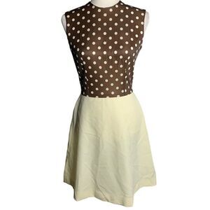 Vintage 60s Mod Polka Dot Sheath Dress S Brown Cream Sleeveless